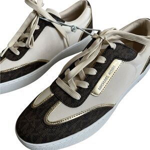 Michael Kors Brown Cream Mixed Media Branded Fashion Tie Sneakers Shoes NEW 7.5
